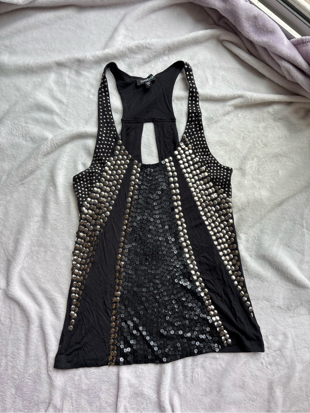 BeBe Black Studded Sequin embellished Racerback Tank Top with Sequin Panel - Picture 2 of 4